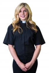  Woman\'s Black Short Sleeve Tab Collar Clergy Blouse (70% Cotton/30% Polyester) 